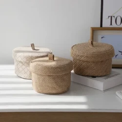 Cesta organizadora de mesa com chave para cosméticos artesanais de algodão tecido lanches com tampa