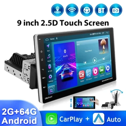 9 ''1Din Mobil Radio 2 + 64G Multimedia Video Player Rear View Camera Carplay Android Auto WIFI Bluetooth GPS Navigasi