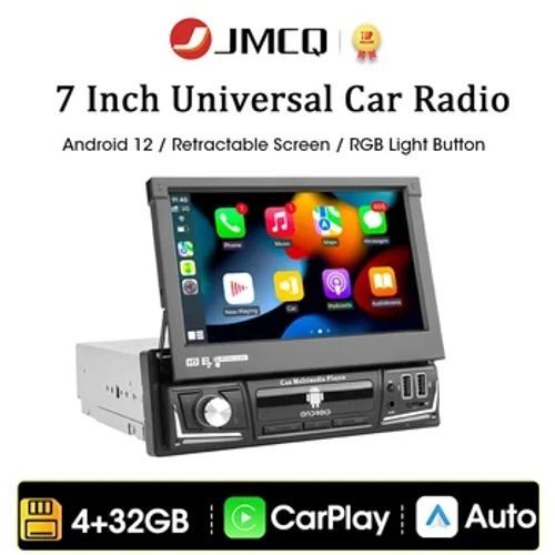 1Din 7" Android 12 Carplay Stereo Autorádio GPS Navigácia Multimediálny Videoprehrávač Univerzálny IPS Audio DVD Výsuvná obrazovka