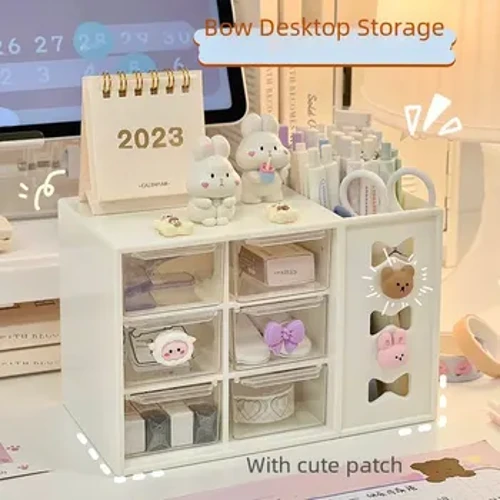 Multi-functional Desktop Organizer Student Handbook Tape Stationery Storage Box Bow-shaped Plastic Desk Pen Holder