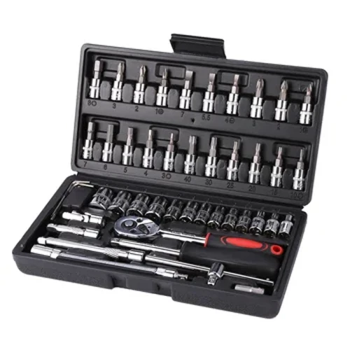 Set de instrumente combinat de 46 buc, cheie cu clichet 1/4, șurubelniță cu cutie de instrumente din plastic, cheie de uz casnic, set de instrumente de mână pentru reparații auto