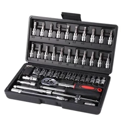 46 Pcs Kombinasi Alat Kit 1/4 Ratchet Wrench Soket Obeng dengan Plastik Toolbox Spanner Rumah Tangga Perbaikan Mobil Set Alat Tangan
