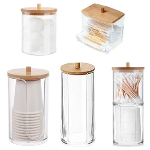 Scatola portaoggetti in acrilico Barattolo da bagno Organizzatore per trucchi Porta assorbente rotondo in cotone Scatola per tampone di cotone Dispenser porta Qtip con coperchio in bambù