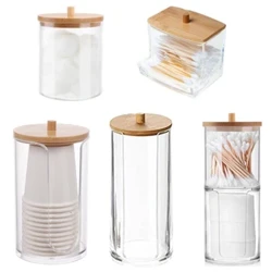 Acryl Opbergdoos Badkamer Pot Make-up Organisator Katoen Ronde Pad Houder Wattenstaafje Box Qtip Houder Dispenser met Bamboe Deksel