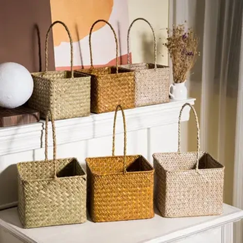 Basgedi Picnic wedi'u Gwehyddu â Llaw Basged gyda Hamper Storio Siopa Basged Trefniant Blodau Handle