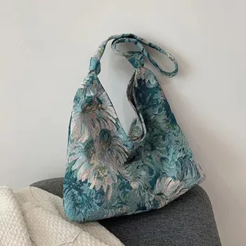 Stor kapacitet Kvinder Tasker Fransk Enkelhed Lærredstaske Oliemaleri Etnisk Stil Skuldertaske Tote Bærbar Bucket Bag