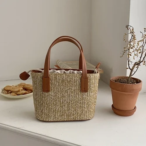 Borsa a mano intrecciata in erba da donna per il tempo libero, secchiello con coulisse, borsa a tracolla con una spalla, borsa da spiaggia per vacanze bohémien da donna