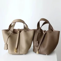 Bag Basged Cowhide i Ferched Bag Llaw Bwced Lledr Gwirioneddol Cymudwr Capasiti Mawr Patrwm Handle Top Satchel