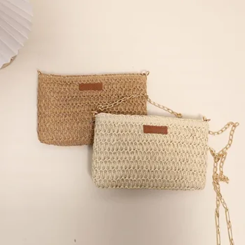 Casual Kedjor Halm Bucket Bags 2024 Dam Sommar Messenger Bag Rottingväskor Beach Lady Reseväskor och Handväskor Axelväska