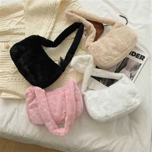 Bolsos de hombro Hobos de felpa suave para mujer de diseño Simple, bolso de mano peludo de invierno para mujer, bolso de mano a la moda para mujer