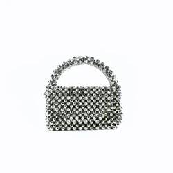 Niche design: handmade beaded sparkling silver small square bag, fashionable at versatile, cross-body back banquet casual bag