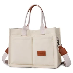 Grouss Kapazitéit Canvas Tote Poschen Fir Fraen Moud Schëllerbeutel Upassbar Band Crossbody Bag Multi Pocket Square Pendelbeutel