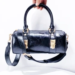 Bag gobennydd Boston ar gyfer Menywod Dylunydd Moethus Bag Llaw a Phwrs 2024 Newydd Mewn Cwyr Olew Hen Gwyr Croen Clo Silindr Ysgwydd Crossbody