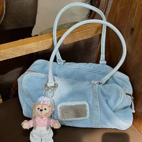 Retro công suất lớn Túi Boston túi xách sang trọng 2024 cao cấp giặt túi denim thời trang Vintage đeo vai sát nách túi dành cho nữ