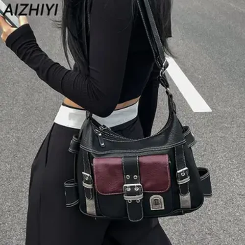 Y2K Vintage Crossbody Bag Pambabaeng Tote Mataas na Kalidad ng PU Leather Shoulder Bag Hip Hop Messenger Bag Pambabae Malaking Handbag Commuter