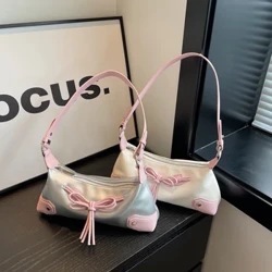 Aesthetic Bow Tie Handbag para sa Babae Chic Y2K Trendy Shoulder Bag Girls PU Leather Contrast Crossbody Bag Female Dating Clutch