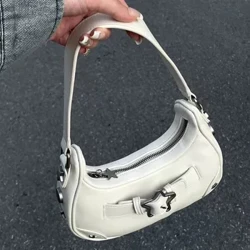Vintage Hàn Quốc Thường Ngày Màu Trắng Dễ Thương Ngôi Sao Vai Sát Nách Túi Tote Nữ Sling Túi Da Khóa Kéo Ví Cầm Tay Nữ