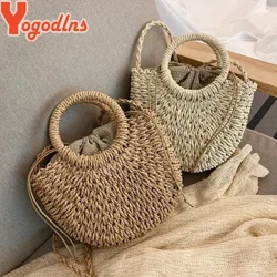 Yogodlns Borsa a tracolla in rattan intrecciata fatta a mano a metà tondo Borsa a tracolla da donna estiva a tracolla per bambina Borsa da spiaggia piccola Nuovo