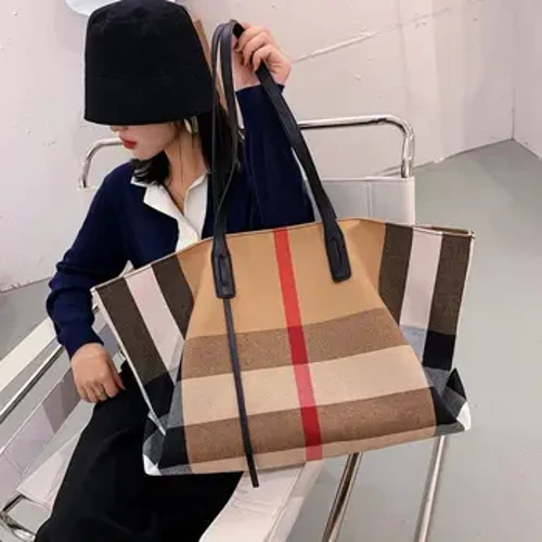 Cynhwysedd Mawr Merched Bag llaw Ffasiwn Stripe Cynfas Lledr Moethus Benywaidd Top Handle Bag Retro Swyddfa Newydd Gwaith Lady Lady Bag
