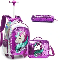 Valise pour enfants pour filles, sac à roulettes d'école licorne avec roulettes, ensemble de sacs à déjeuner, sac à dos à bagages roulants pour enfants avec roulettes
