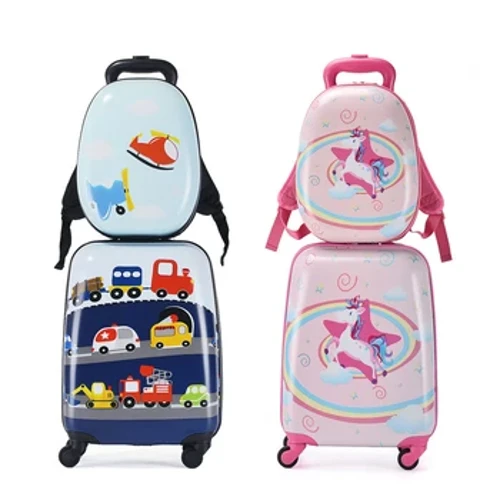 Phim trẻ con vali trên bánh xe trai và cô gái hành lý dễ thương với bộ xe đẩy trẻ em ba lô nhỏ
