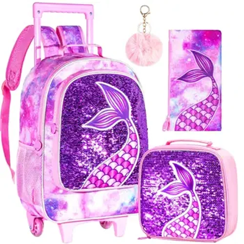 Zaino con rotelle da 3 pezzi per ragazze, zaino per libri con rotelle per bambini, zaino per la scuola con ruote e borsa per il pranzo - rosa sirena
