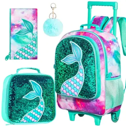 Gyzlar üçin 3PCS rulonly sumka, çagalar rolikli tigirler sumkasy, günortanlyk sumkasy bolan tigirli mekdep sumkasy - Mermaid Green