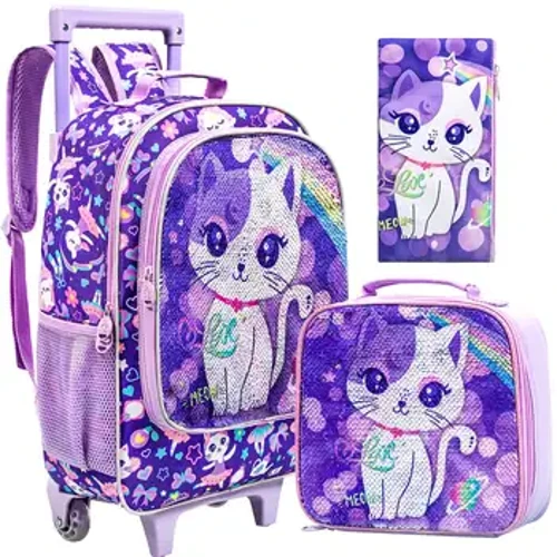 3 PCS Rolling Ransel kanggo Anak Perempuan Roller Wheels Bookbag karo Tas Makan Siang Desain Pola Kucing Ungu Fungsi Glow-in-the-Dark