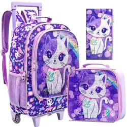 3 PCS Rolling Ransel kanggo Anak Perempuan Roller Wheels Bookbag karo Tas Makan Siang Desain Pola Kucing Ungu Fungsi Glow-in-the-Dark