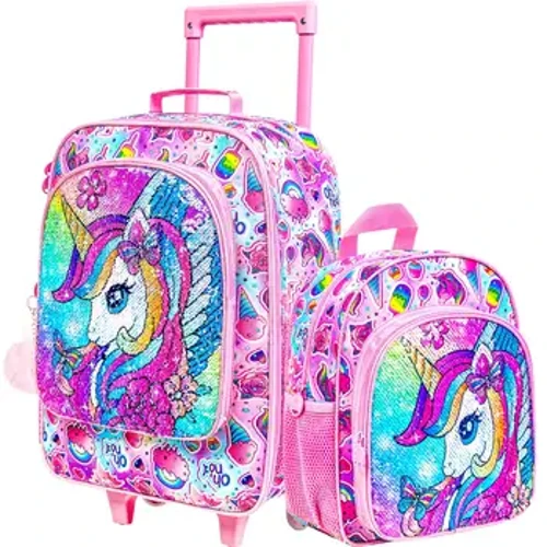 2 Pcs Koper Anak-anak, Anak Perempuan Bawa Rolling Luggage dan 12 "Set Ransel, Unicorn Payet Koper Perjalanan untuk Balita Anak