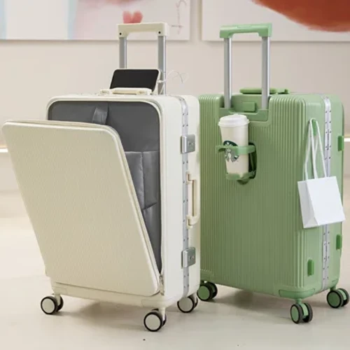 Nytt mode Rullande Bagage PC Aluminiumram Multifunktionell öppning Front resväska på hjul Vagn USB Laddningsdragkedja