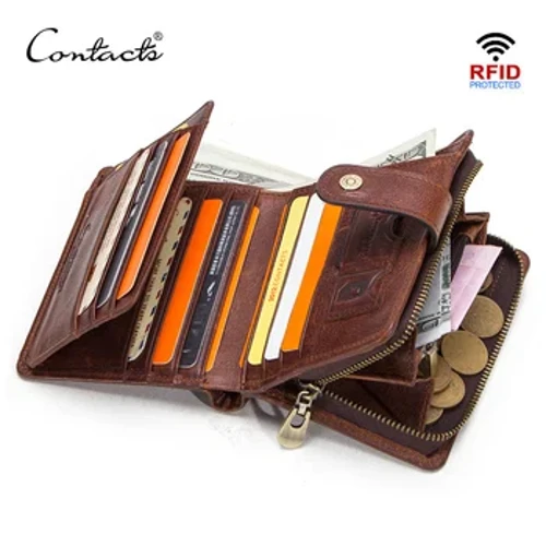 CONTACT'S Ретро портфейл от естествена кожа RFID Мъжки портфейл с джоб за монети Къси портфейли Малък портфейл с цип и държачи за карти Мъжко портмоне