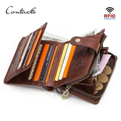 CONTACT'S en cuir véritable RFID portefeuille Vintage hommes avec poche à monnaie portefeuilles courts petite fermeture éclair Walet avec porte-cartes homme sac à main