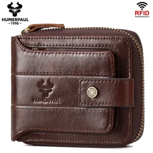 Humerpaul carteira masculina de couro genuíno rfid titular do cartão de crédito com janela de identificação saco de armazenamento multifuncional com zíper bolsa de moedas