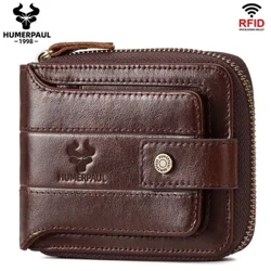 Humerpaul carteira masculina de couro genuíno rfid titular do cartão de crédito com janela de identificação saco de armazenamento multifuncional com zíper bolsa de moedas