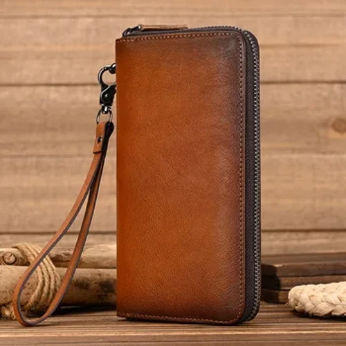 Retro Kulit Asli Dompet Panjang Awis Telepon Multi Pemegang Kartu Zipper Dompet kanggo Wanita Wanita Pria Wanita Dompet Kulit Vintage