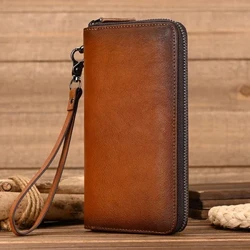Retro Kulit Asli Dompet Panjang Awis Telepon Multi Pemegang Kartu Zipper Dompet kanggo Wanita Wanita Pria Wanita Dompet Kulit Vintage