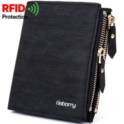 RFID Protect Pria Dompet Vintage Solid Lembut PU Koin Dompet Pemegang Kartu Dompet Pendek dengan Ritsleting Desain Pendek Mewah Dompet Pria