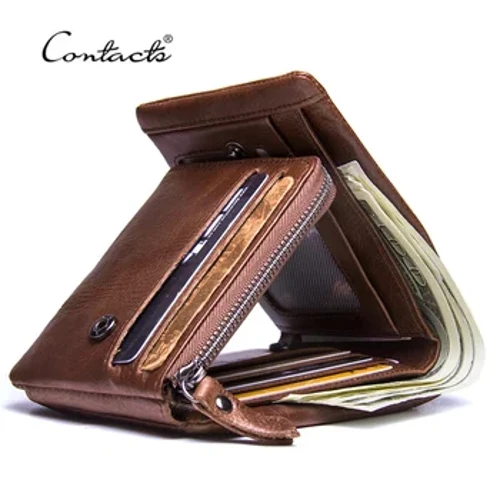 ʻO CONTACT'S ʻO ka ʻili lio pupule ʻiʻo kāne ʻeke ʻeke Trifold Vintage Zip Coin Pocket Purse ʻeke ʻili pipi no nā kāne.