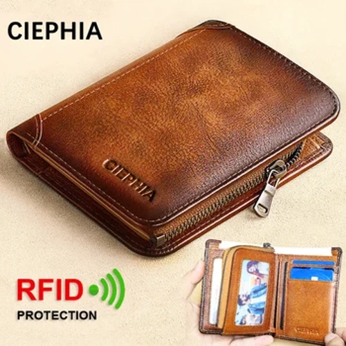 Ví Da Chính Hãng Cho Nam Vintage Ngắn Đa Chức Năng Kinh Doanh Ví RFID Chặn Dây Kéo Chứng Minh Thư Đựng Tiền Túi