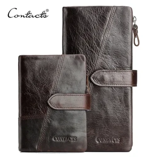 Contact's genuíno cavalo louco couro dos homens carteiras moda bolsa com titular do cartão vintage longo carteira embreagem saco de pulso