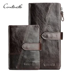 CONTACT'S véritable Crazy Horse cuir de vachette hommes portefeuilles mode sac à main avec porte-carte Vintage Long portefeuille pochette sac de poignet