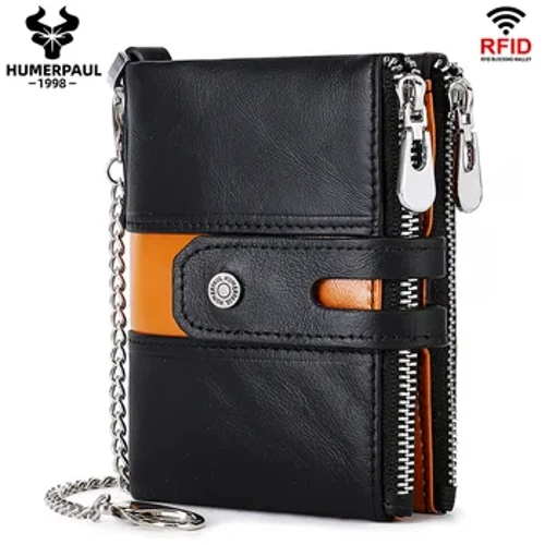HUMERPAUL portefeuille en cuir véritable pour hommes mode qualité sac à main de voyage Rfid protéger porte-carte de crédit Wollst pour hommes avec chaîne