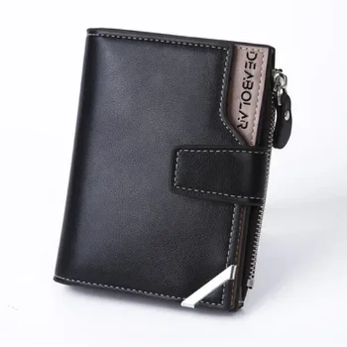 Carteira de couro tripla com zíper masculino vintage bolsa multifuncional com vários compartimentos para cartão e uma janela de identificação transparente