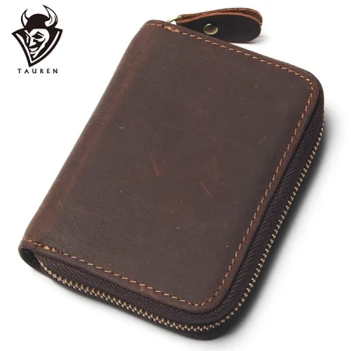 Vintage 12 Card Plaze Crazy Horse Leather Portmonni Männer Portemonnaie Fraen ID Credit Zipper Mini Mat Multi