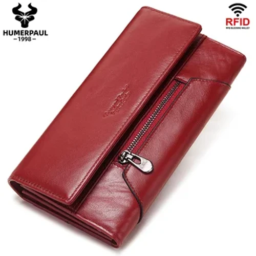HUMERPAUL Moda Feminina Carteira de Couro Genuíno RFID Bloqueio Tri-fold Titular do Cartão de Crédito Luxo Longo Feminino Embreagens de Telefone
