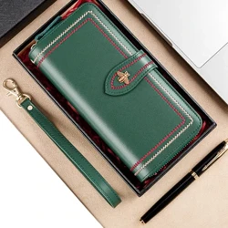 Waled Lledr Ddiffuant Merched Clutch Pwrs Benyw Bag Arian Hir Bag Zipper Coin Waled Gwenyn Moethus Brand Wristlet Ffôn Hasp Waledi