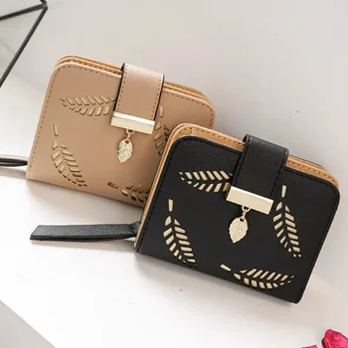 Modische Damen-Geldbörse, kurze Reißverschluss-Geldbörse für Damen, Leder, 2024, Luxusmarke, kleine Damen-Geldbörsen, Clutch mit ausgehöhlten Blättern