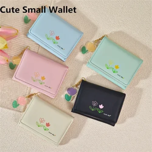 Wanita Pendek Tulip Lucu Dompet Kecil Mahasiswa Lipat Tiga Pemegang Kartu Gadis ID Tas Pemegang Kartu Dompet Koin Dompet Wanita Tas Kartun
