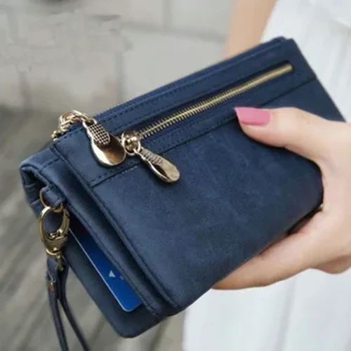 Portemonnee met grote capaciteit, saai gepolijst leer voor dames, dubbele rits, clutch, schoudertasje, portemonnee, telefoon, muntkaarthouder, portemonnee met meerdere zakken